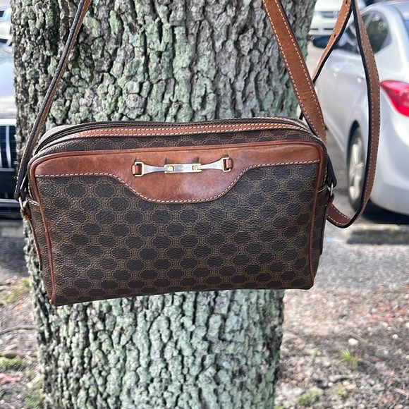 CELINEVintage Triomphe  Shoulder Bag Leather Brown Tan  Pattern Macadam - Picture 3 of 13